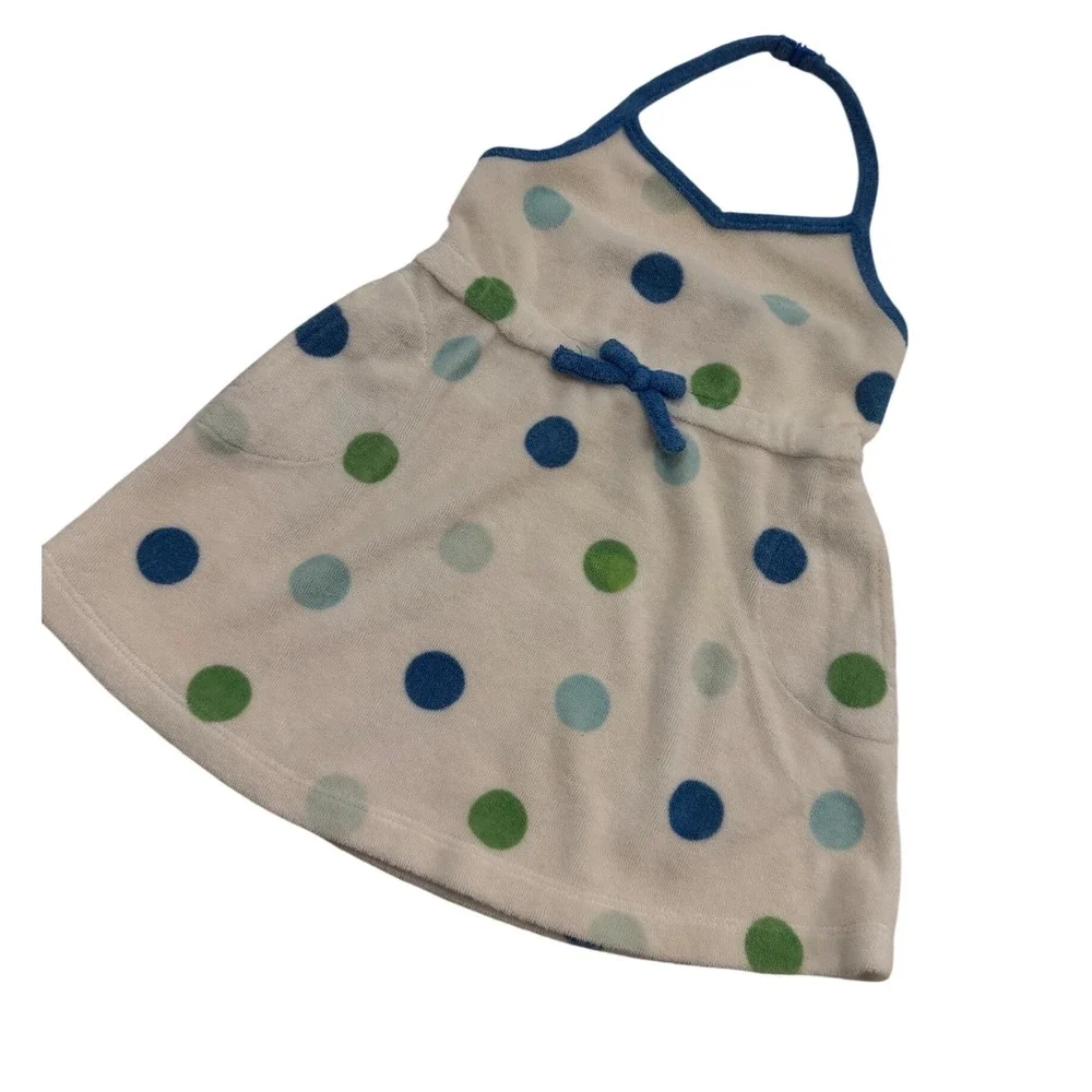 Gymboree Vintage 2004 Polka Dot Terry Cloth Halter Dress Blue Green White 3-6M